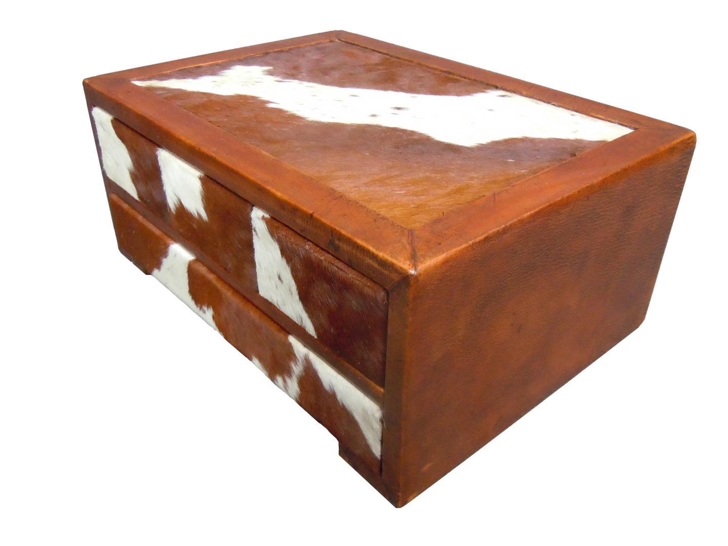 leather box with cowhide real brown and white